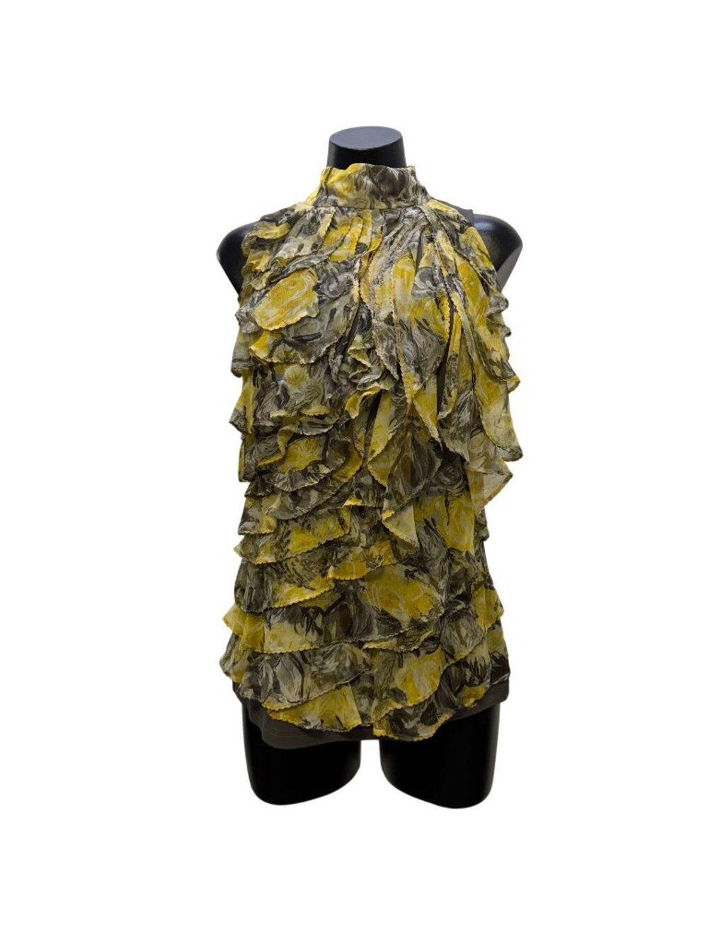 Helios & Luna Ruffled Blouse Yellow & Gray Silk High Neck M